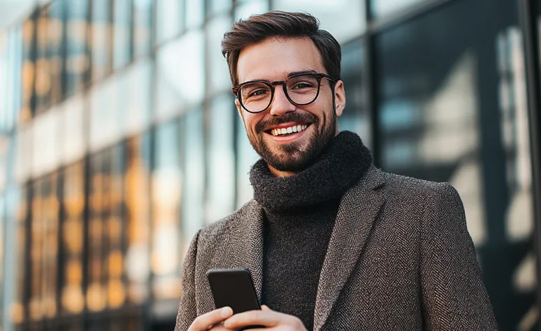 lächelnder Mann mit Brille und Schal vor einem modernen Bürogebäude